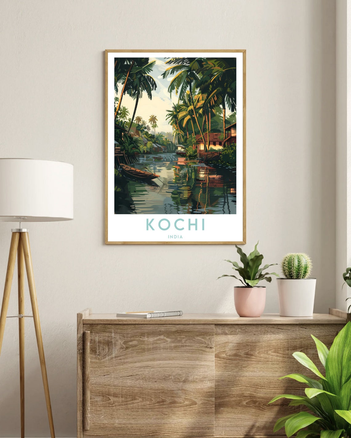 Kochi India Backwaters Tall Palm Trees Boat Sunset Travel Poster - Image 3