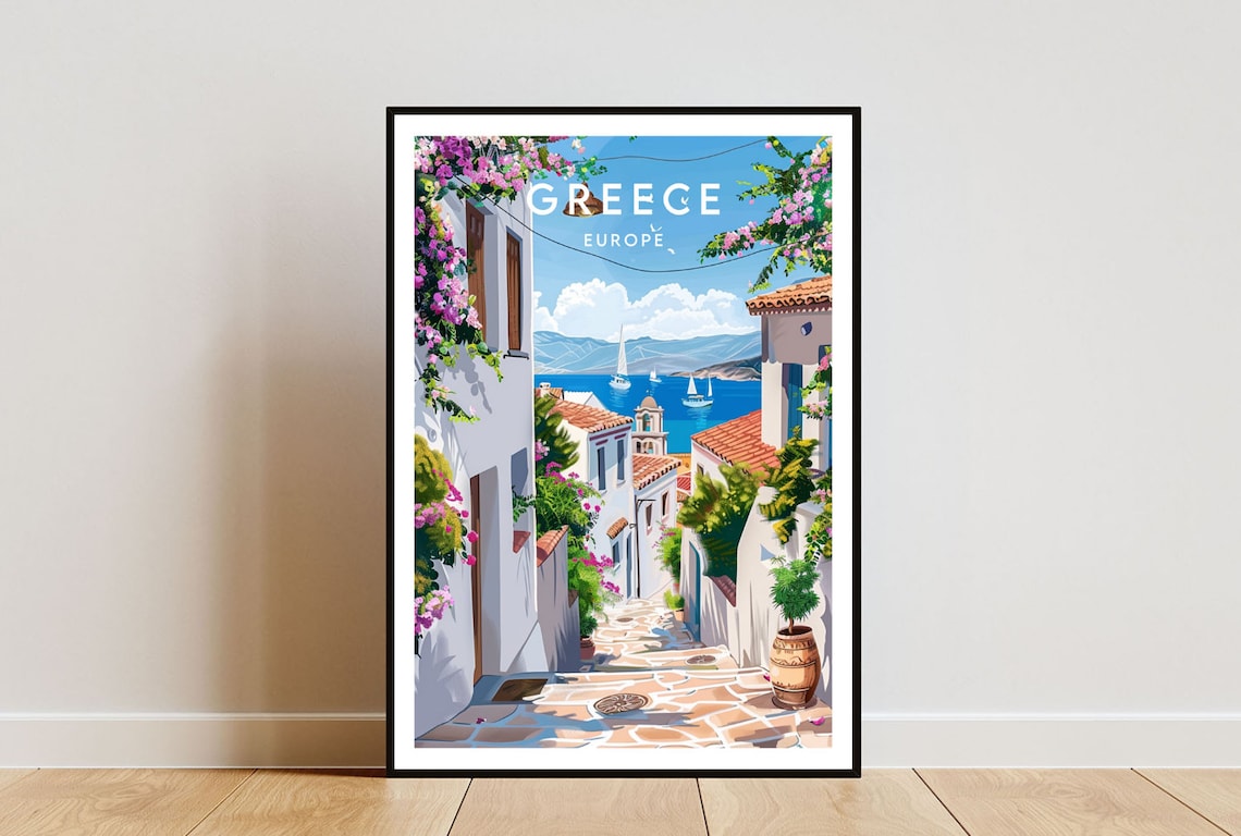 Greece Travel Poster, Santorini and Athens