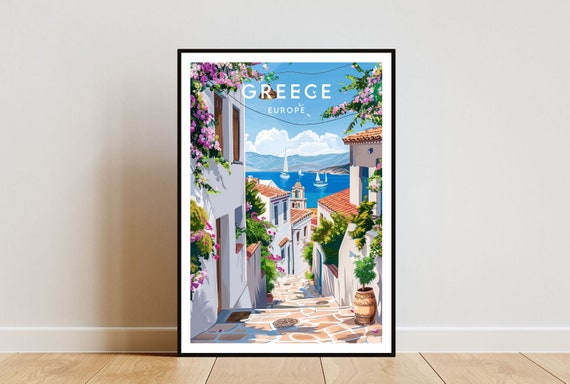 Greece Travel Poster, Santorini and Athens