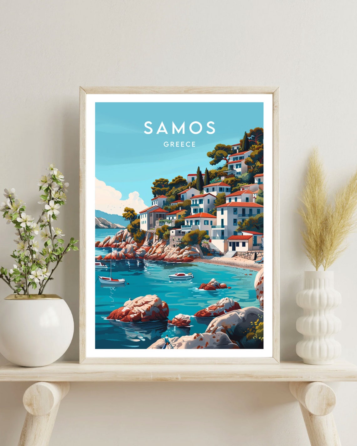 Samos Greece Hillside Village Red Roofs Rocky Cove Travel Poster - Image 4