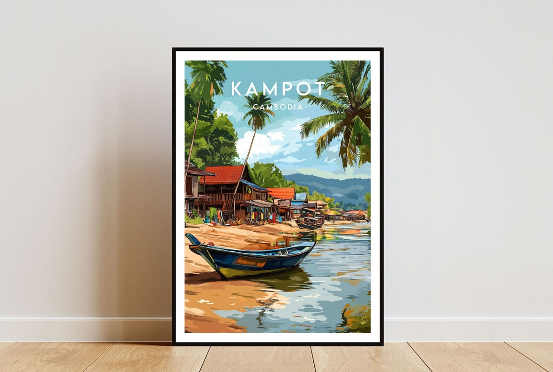 Kampot Cambodia Riverside Village Fishing Boat Tropical Poster