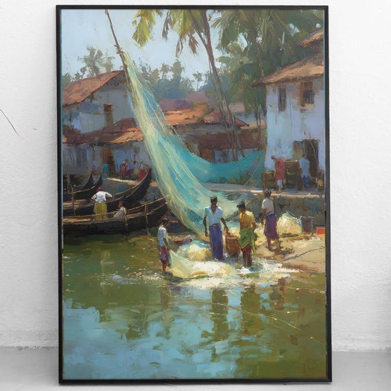 Kovalam Beach Kerala India Fishing Village Art Print Traditional Boat Painting Coastal Scene Instant South Asia Decor