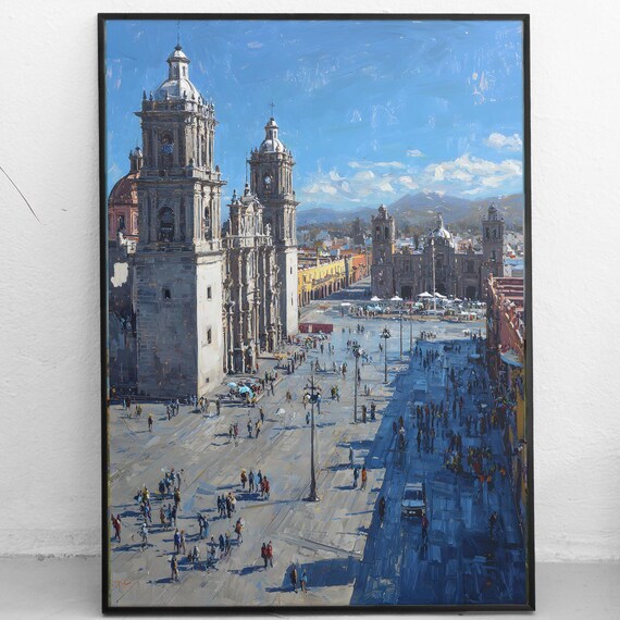 Mexico City Cathedral Painting Zcalo Plaza Art Historic Downtown Print Colonial Architecture Cityscape