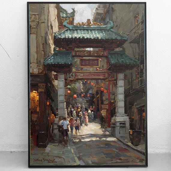 San Francisco Chinatown Gate Art Historic Dragon Painting Bustling Street Scene Wall