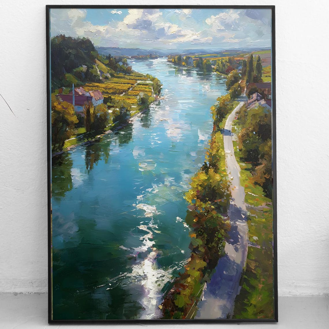 Aerial River Valley Vineyards Impressionist Landscape Poster
