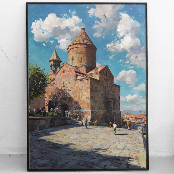 Ancient Armenian Church Painting Historic Art Impressionist Caucasus Landscape Stone Dome Architecture Print