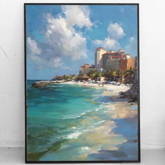 Cancun Beach Mexico Turquoise Ocean Resort Coastline Painting Poster