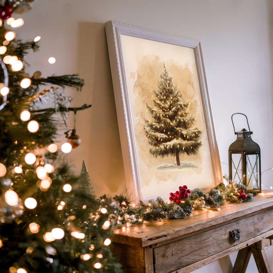 Watercolor Snowy Christmas Tree Warm Lights Beige Wash Poster - Image 3
