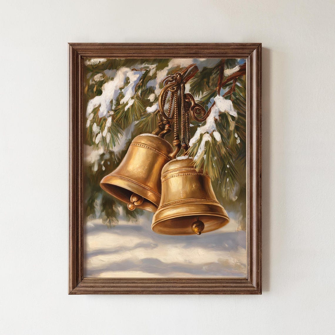 Vintage Brass Sleigh Bells Snowy Pine Branch Painting Poster
