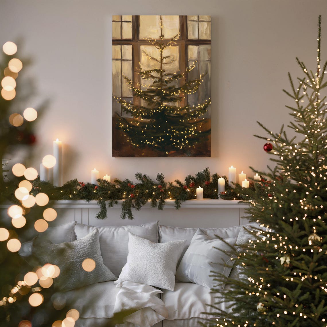 Moody Christmas Tree Fairy Lights Tall Windows Painting Poster - Image 2