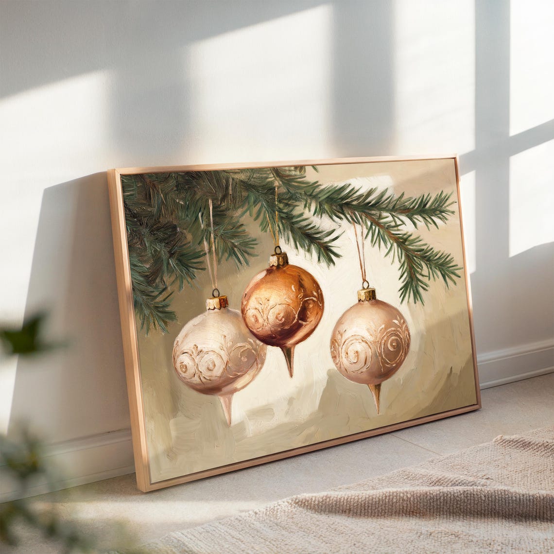 Vintage Rose Gold Christmas Ornaments Pine Branch Painting Poster - Image 2