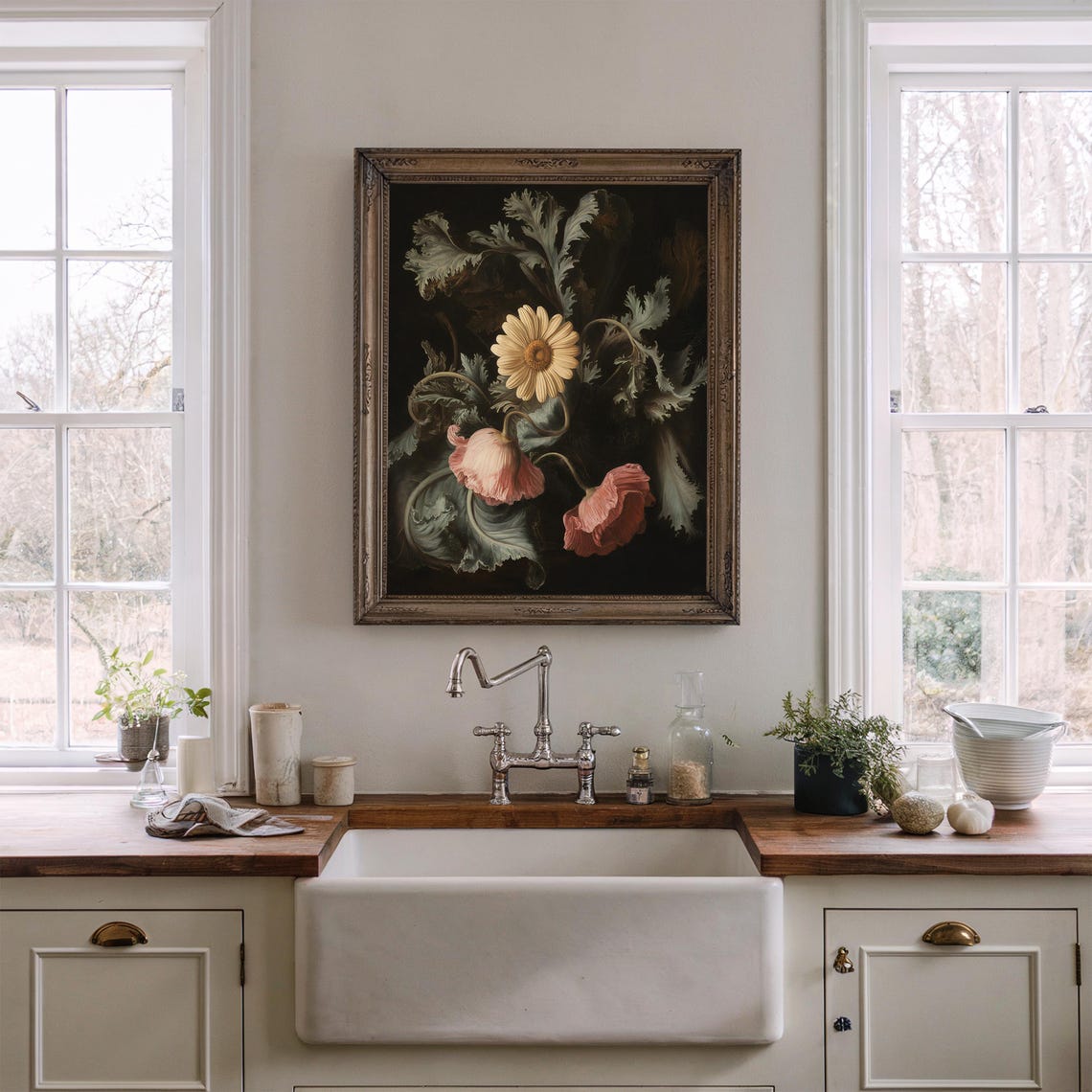 Cream Daisy Pink Poppies Dark Botanical Moody Floral Art Poster - Image 4