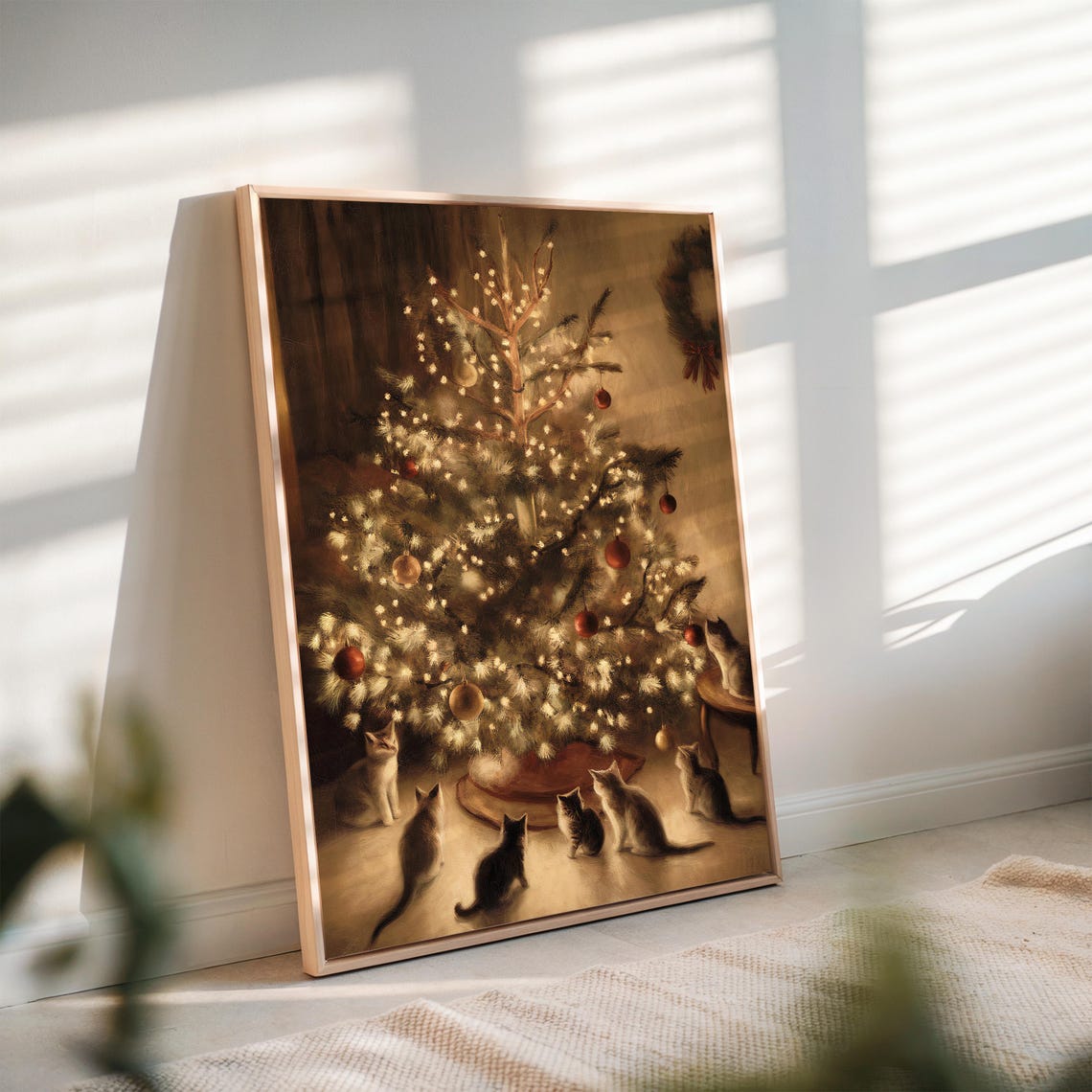 Six Cozy Cats Gathered Around Lit Christmas Tree Vintage Poster - Image 2