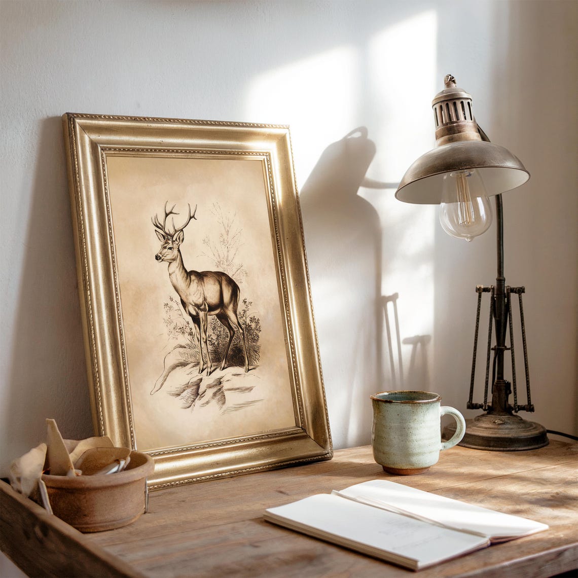 Vintage Stag Deer Antlers Sepia Illustration Antique Wildlife Poster - Image 4