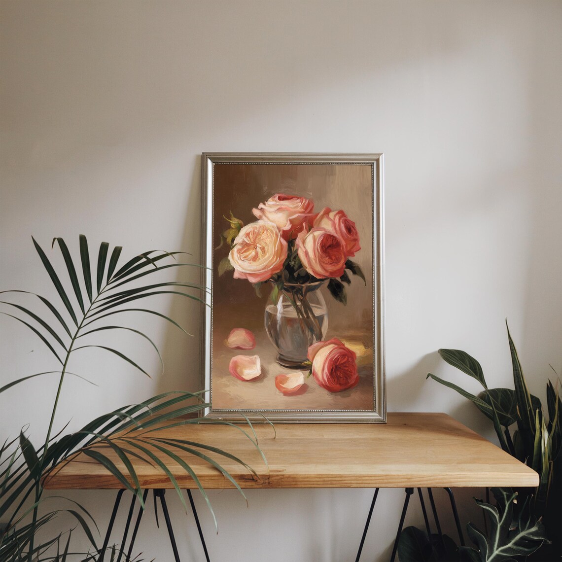 Coral Pink Roses Glass Vase Sunlit Oil Painting Warm Floral Poster - Image 3