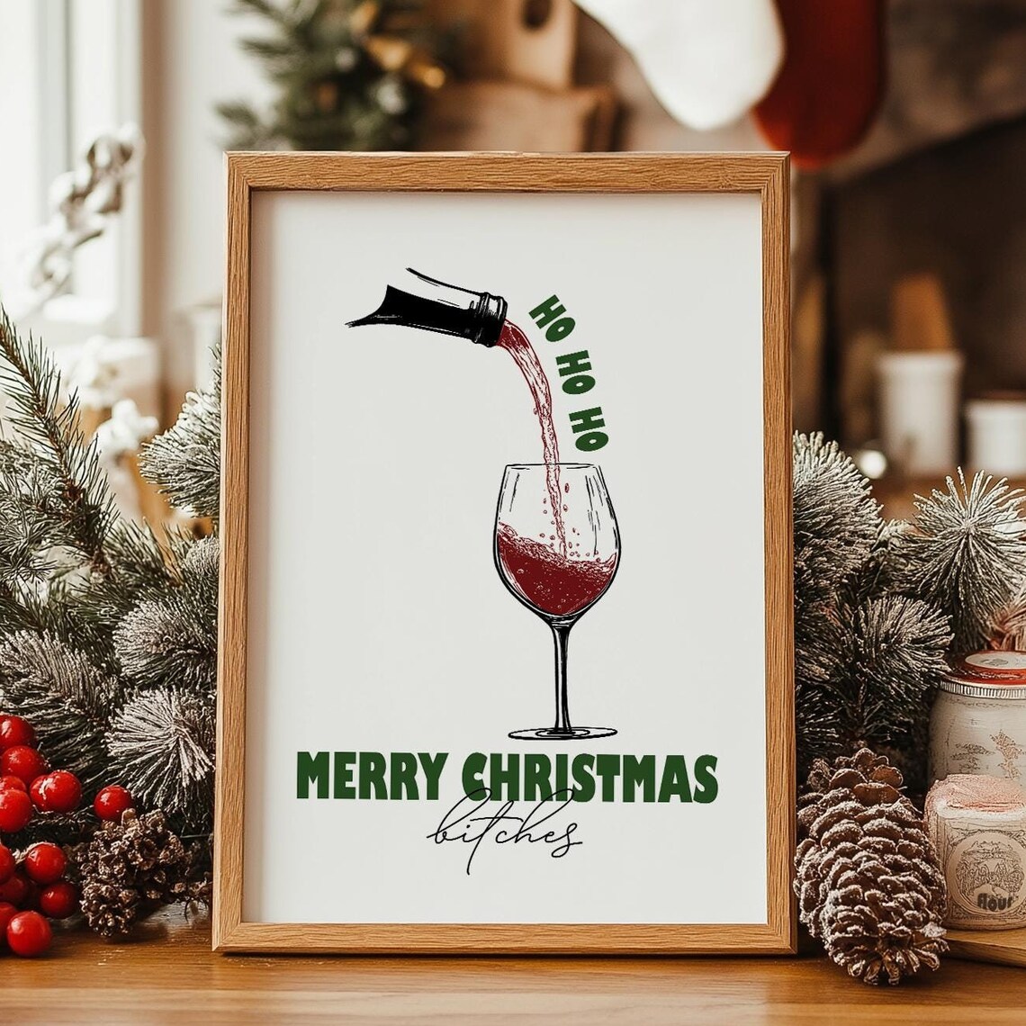 Merry Christmas Wine Glass Pouring Funny Holiday Bar Decor Wall Art