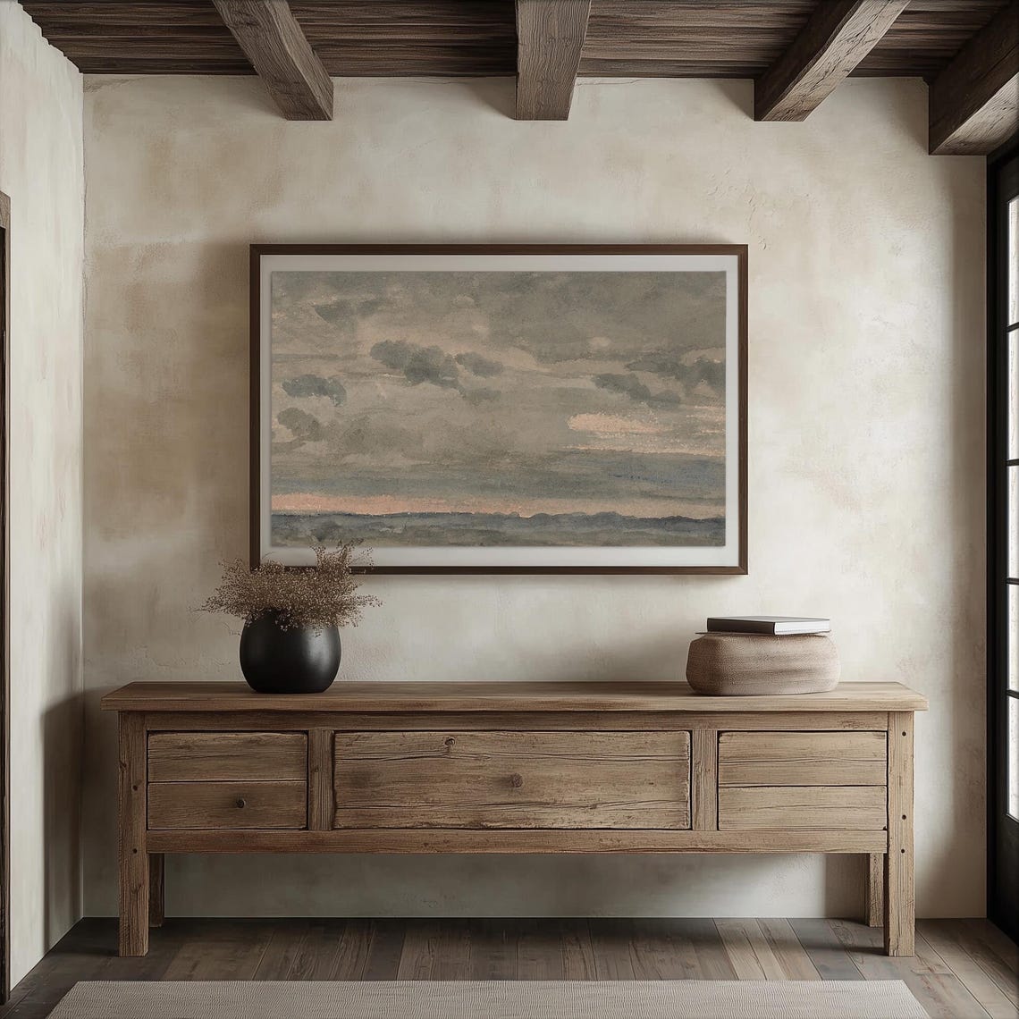 Abstract Cloudy Sky Watercolor Neutral Cloudscape Minimalist Wall Art - Image 2