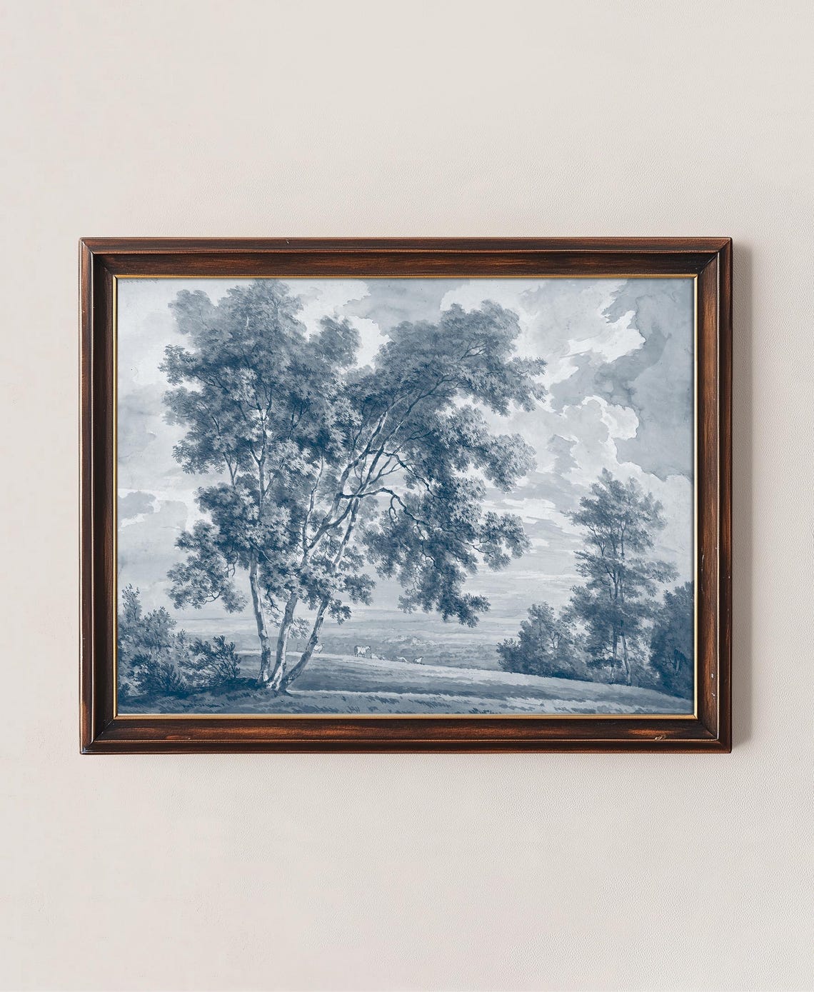 Blue Ink Tree Watercolor Navy Landscape Chinoiserie Style Art Print