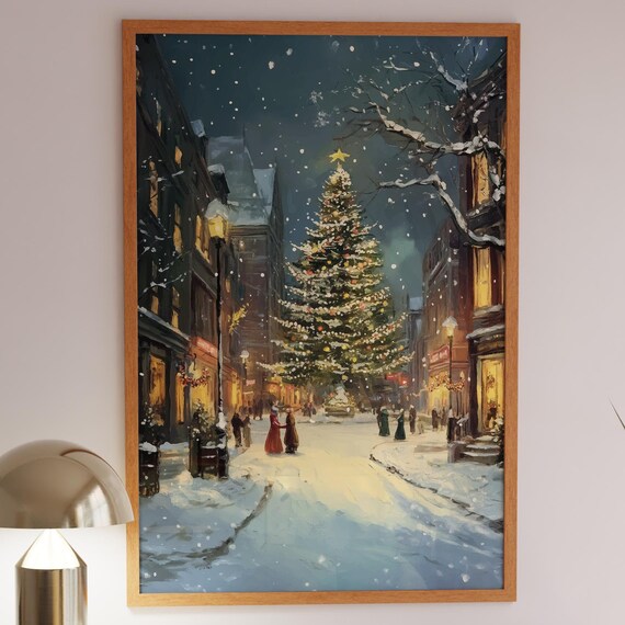 Victorian Christmas Street Snowy Night Lit Tree Vintage Poster