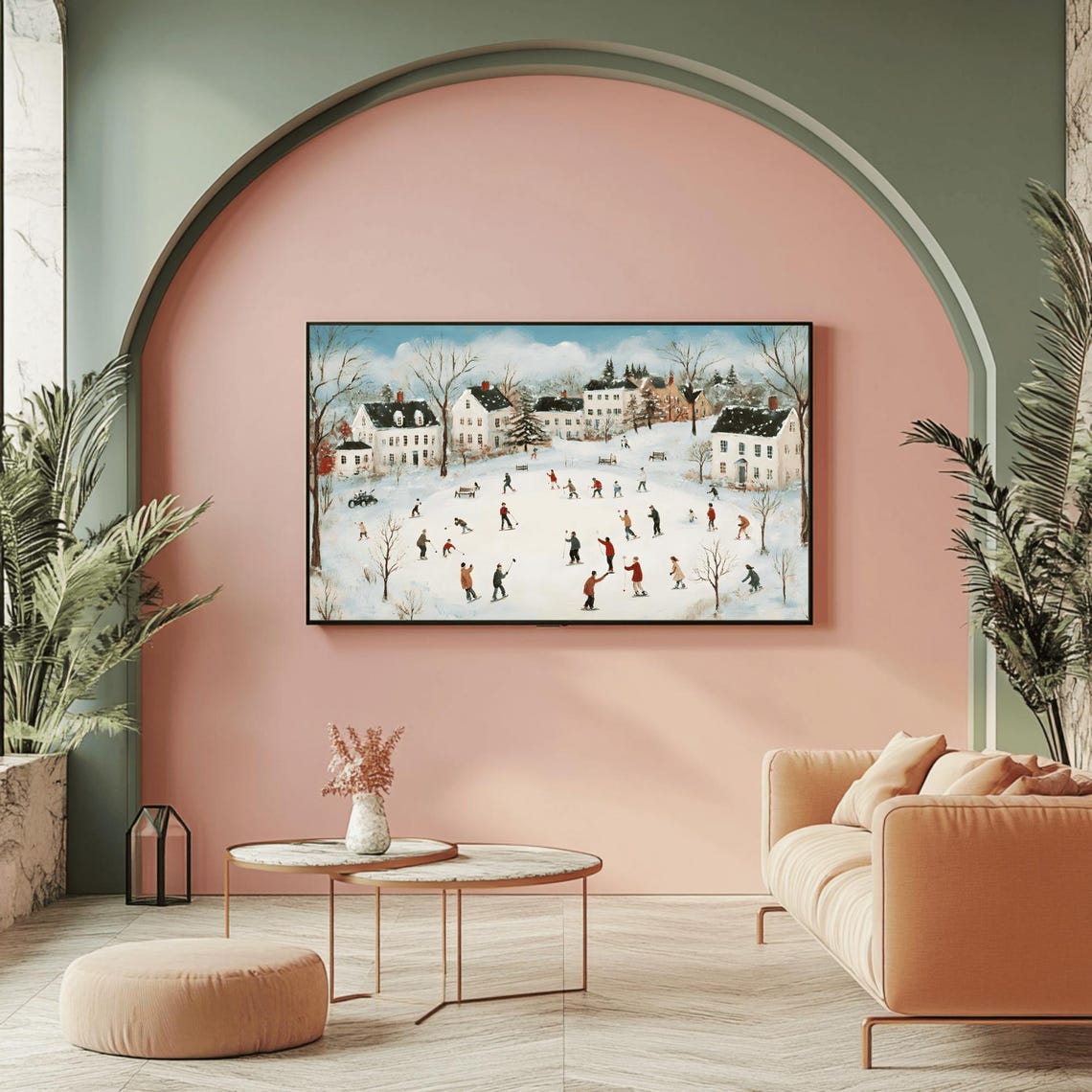 Ice Skaters in Snowy Village Courtyard Winter Landscape Poster - Image 2