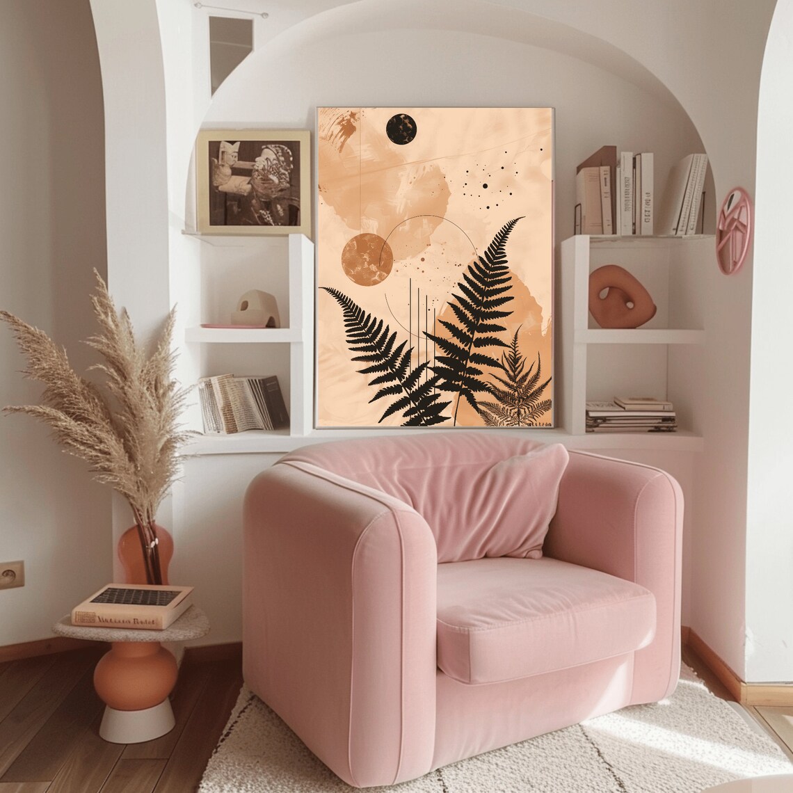 Peach Watercolor Fern Silhouettes Abstract Moon Botanical Poster - Image 2