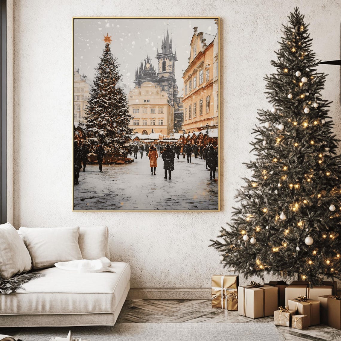 Snowy European Christmas Market Historic Square Gothic Spire Poster - Image 2