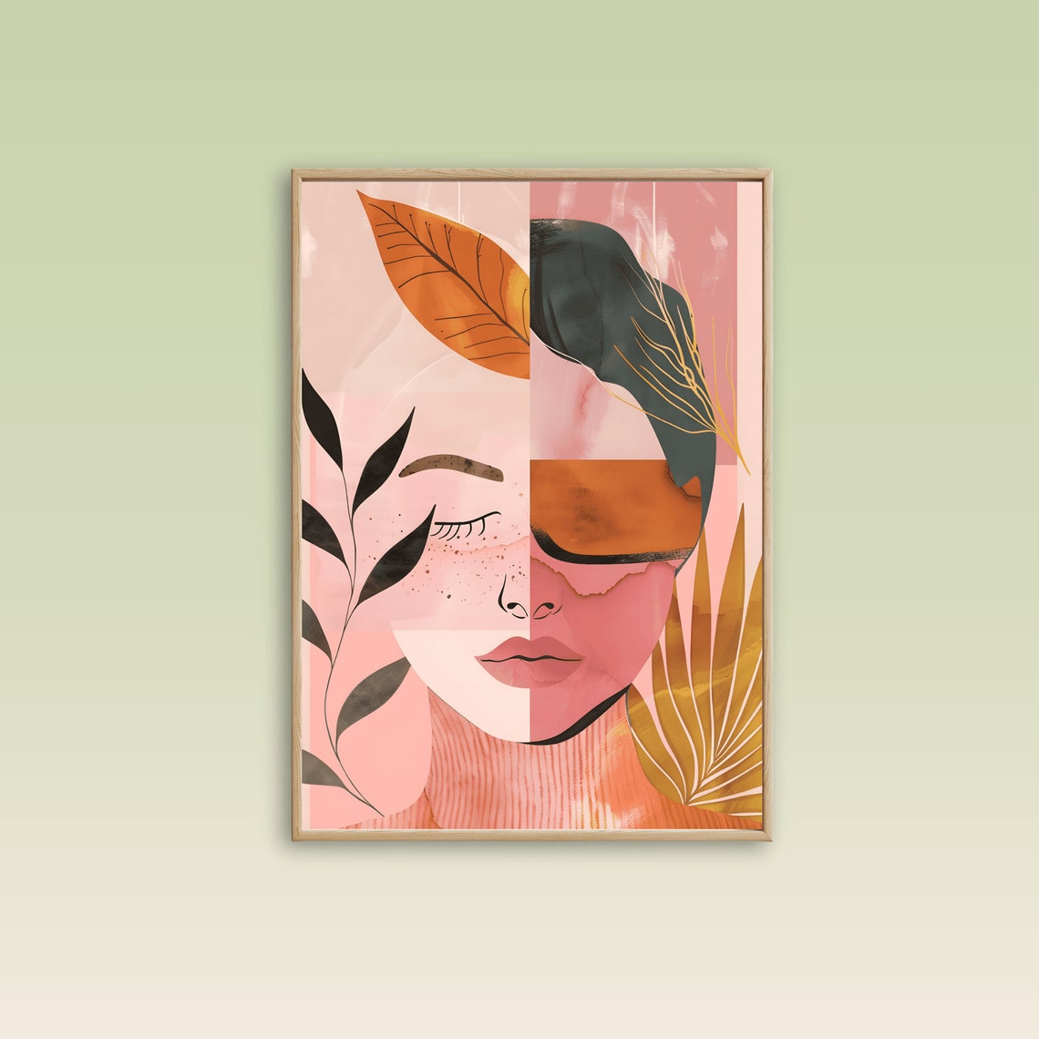 Pink Botanical Female Portrait Abstract Modern Japandi Wall Art - Image 3