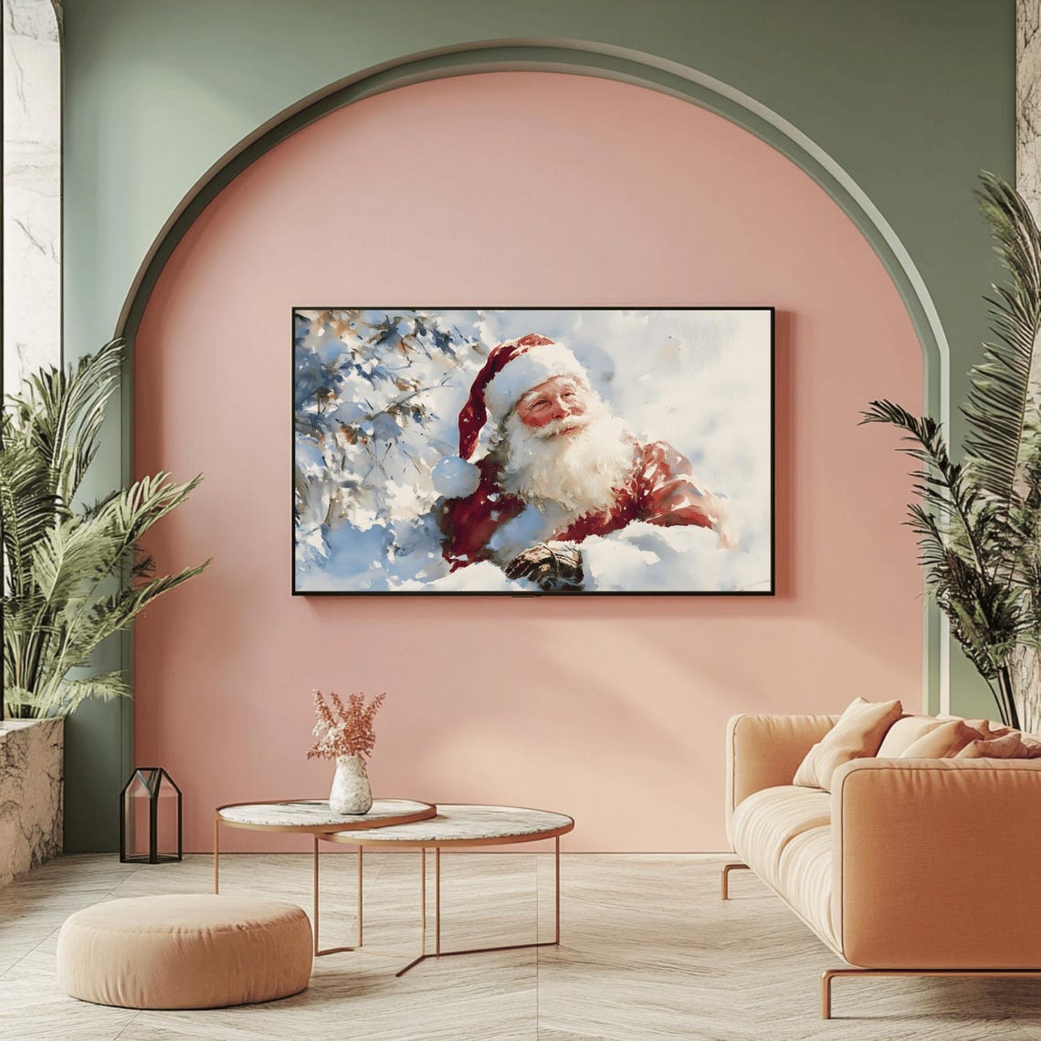 Laughing Santa Claus Waist Deep In Snow Winter Watercolor Poster - Image 2