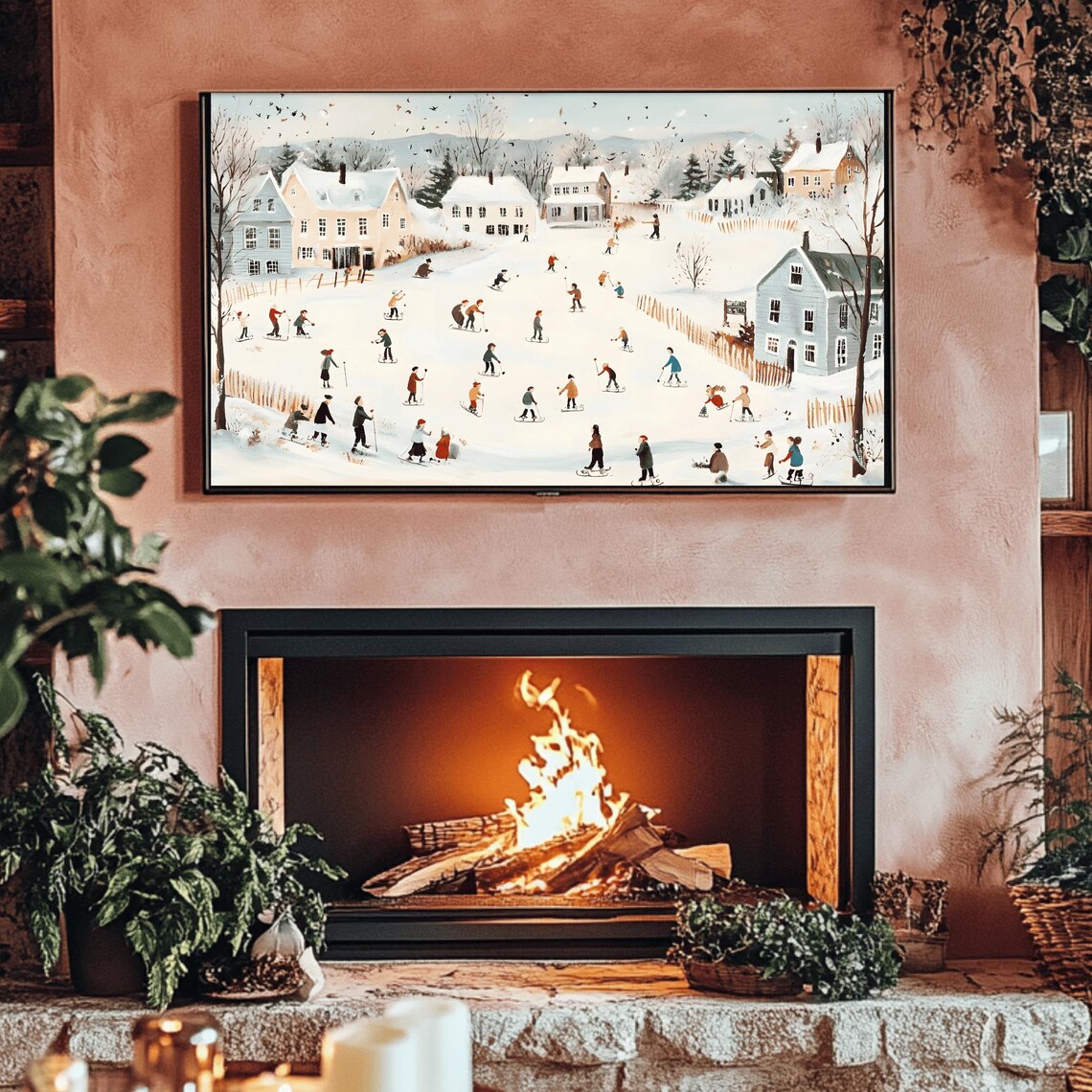 Scandinavian Village Winter Ski Slope Scene Naive Painting Poster - Image 3