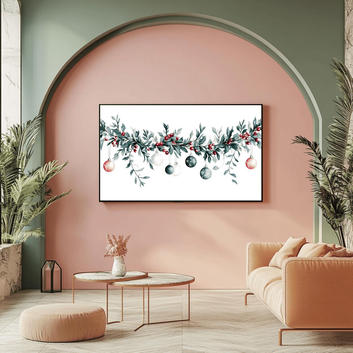 Watercolor Christmas Garland Swag With Hanging Baubles Poster - Image 2
