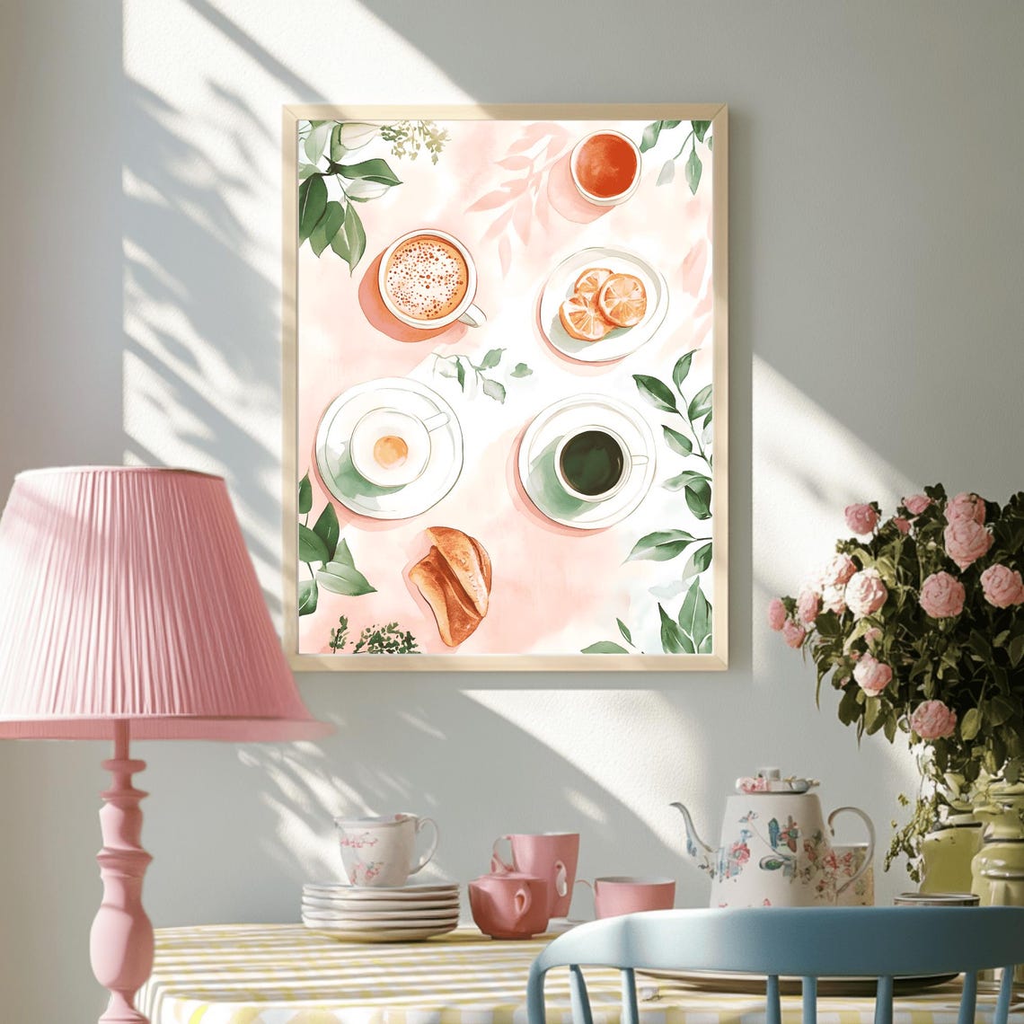 Coffee Cups Croissant Citrus Watercolor Flat Lay Kitchen Art Poster - Image 3