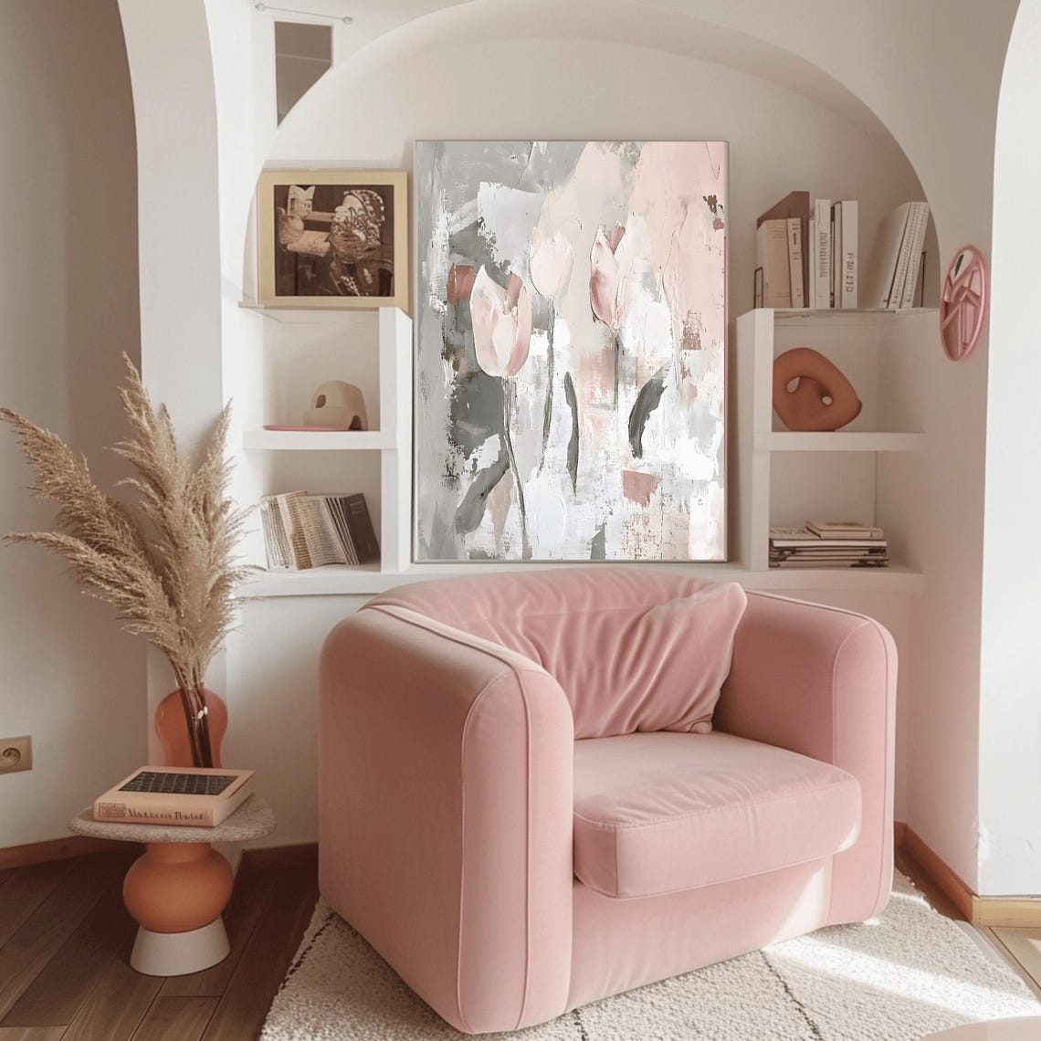 Abstract Blush Tulips Gray and Pink Modern Floral Art Poster - Image 3