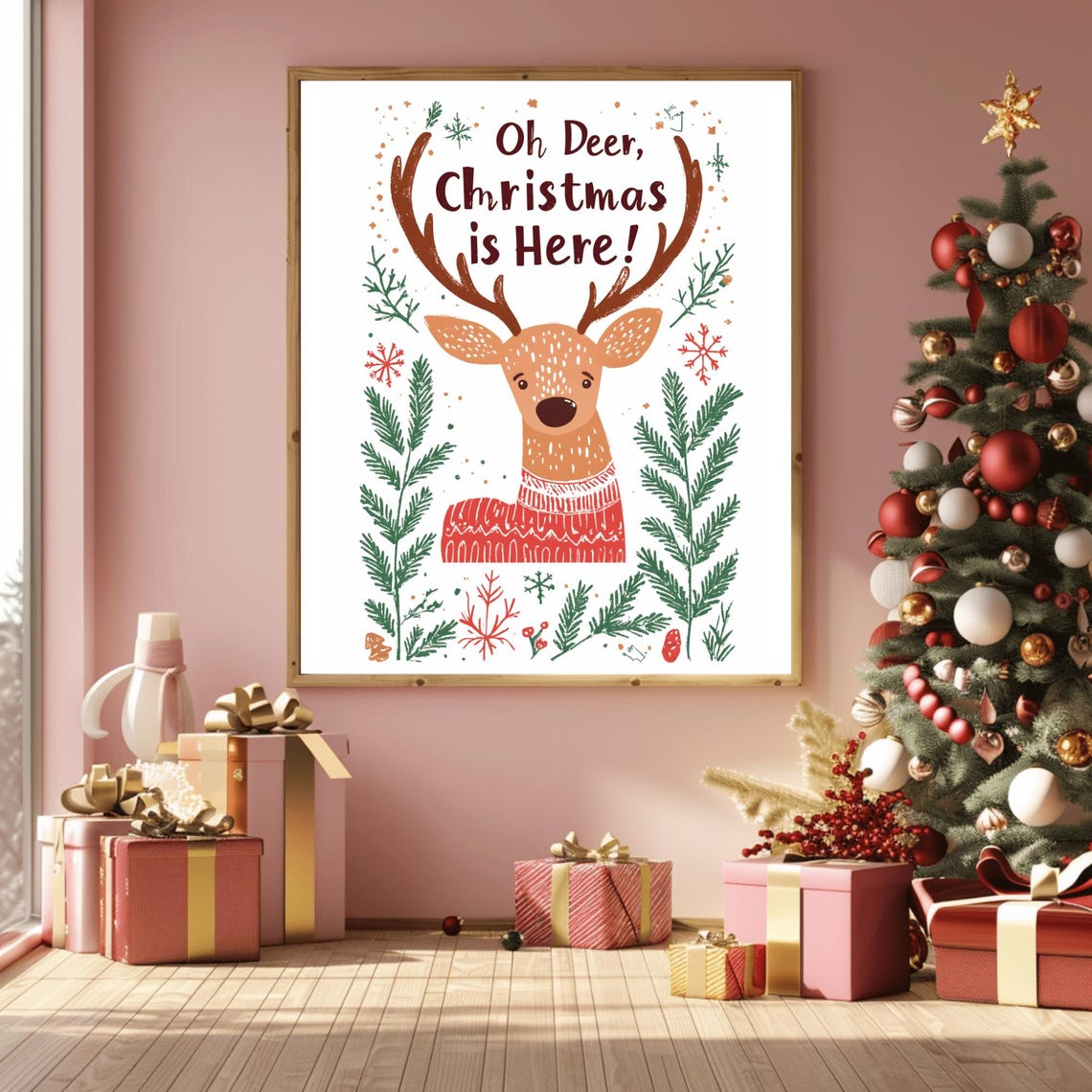 Oh Deer Christmas Is Here Festive Smiling Reindeer Sweater Poster - Image 3