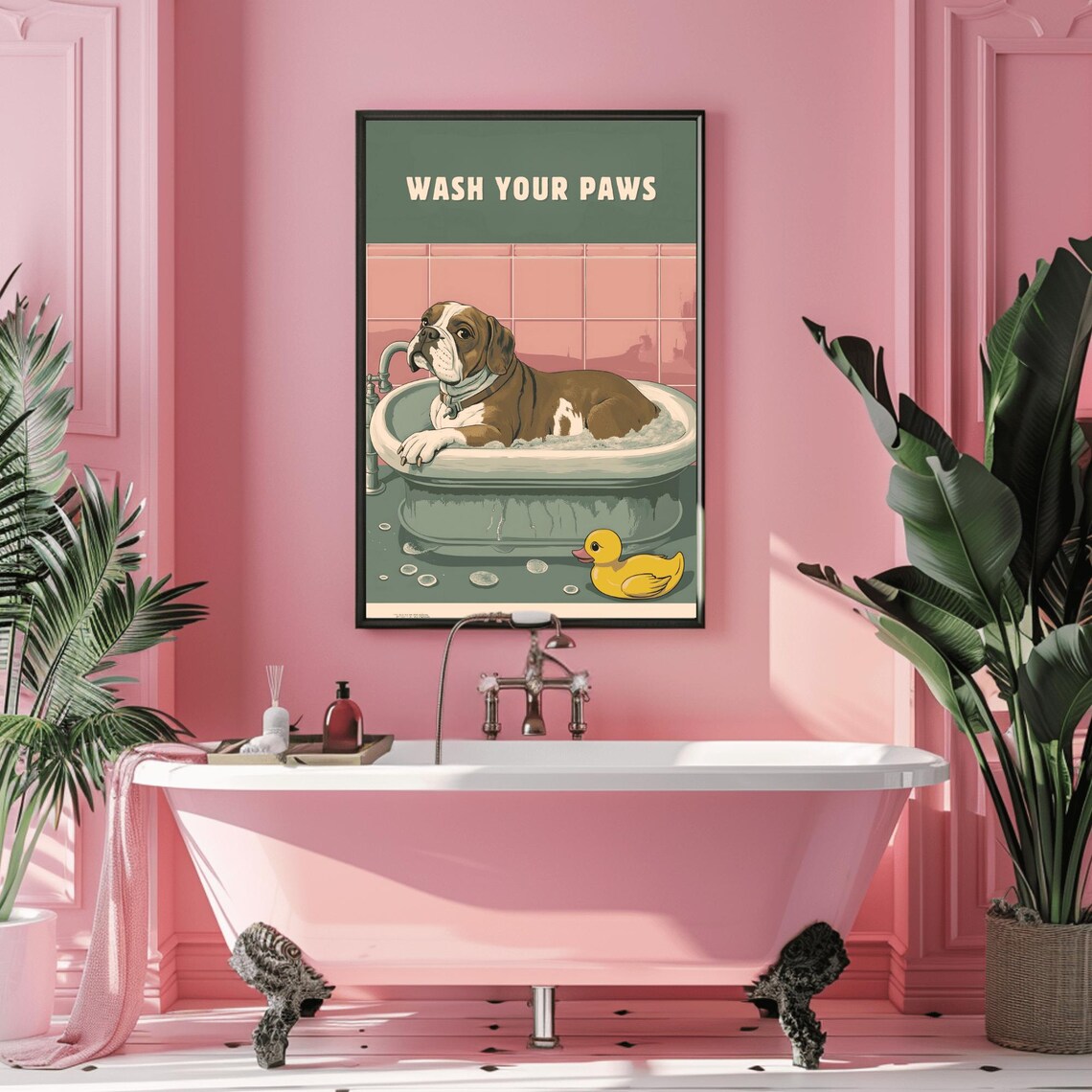 Wash Your Paws Bulldog in a Bathtub Funny Bathroom Dog Poster - Image 3