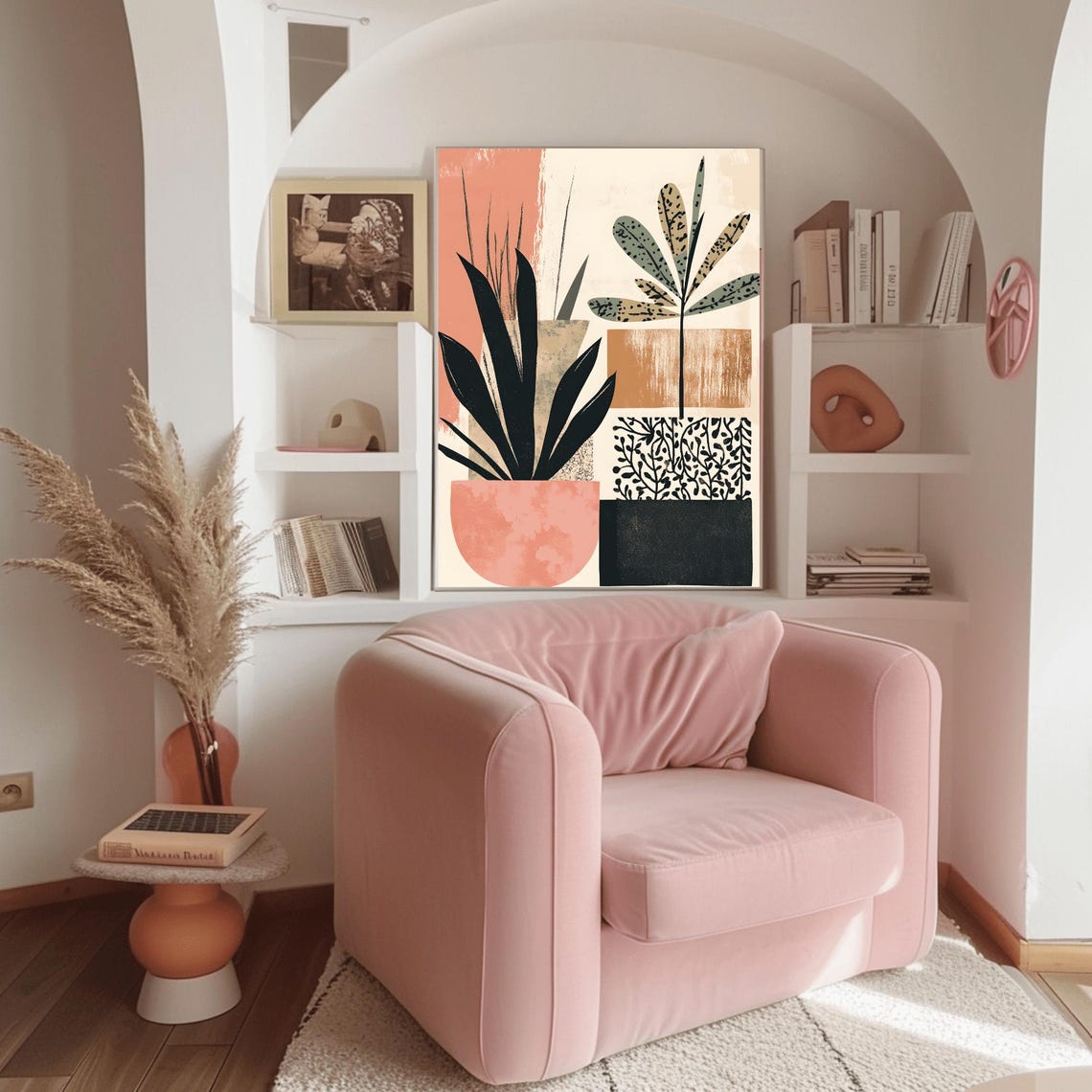Modern Abstract Potted Plants in Blush Pink Black Pots Decor Poster - Image 3