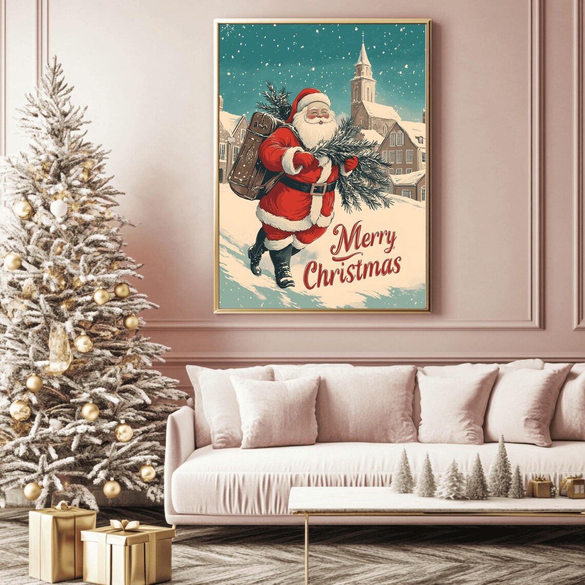 Retro Santa with Suitcase Carrying Fir Branches Merry Christmas Art Print - Image 2