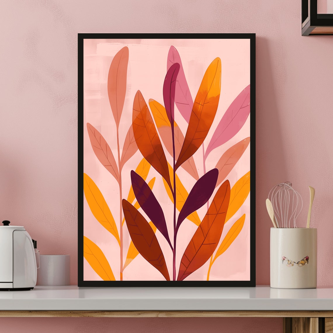 Warm Autumn Leaves Botanical Print on a Blush Pink Background