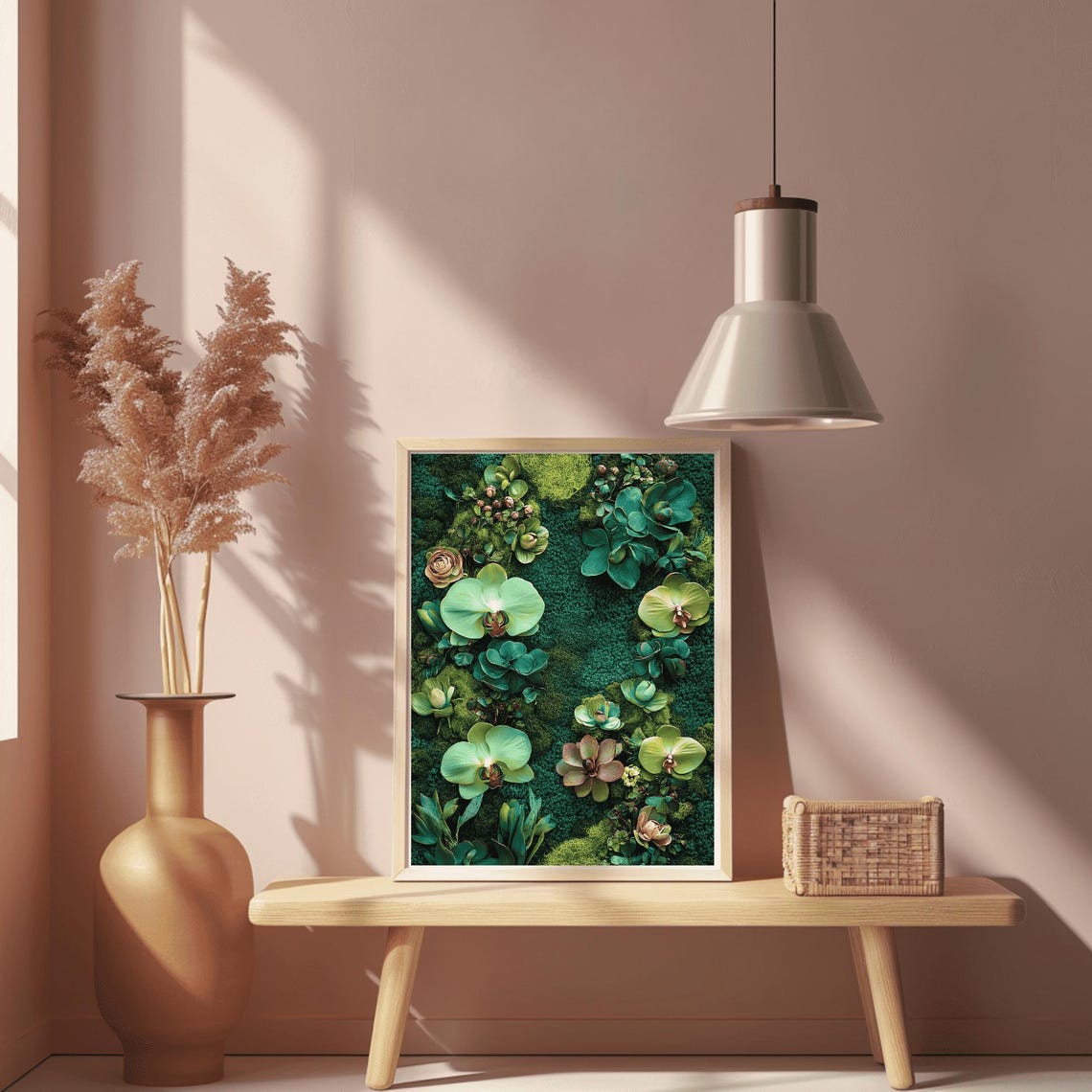 Green Orchids and Succulents on Teal Moss Wall Garden Poster - Image 2