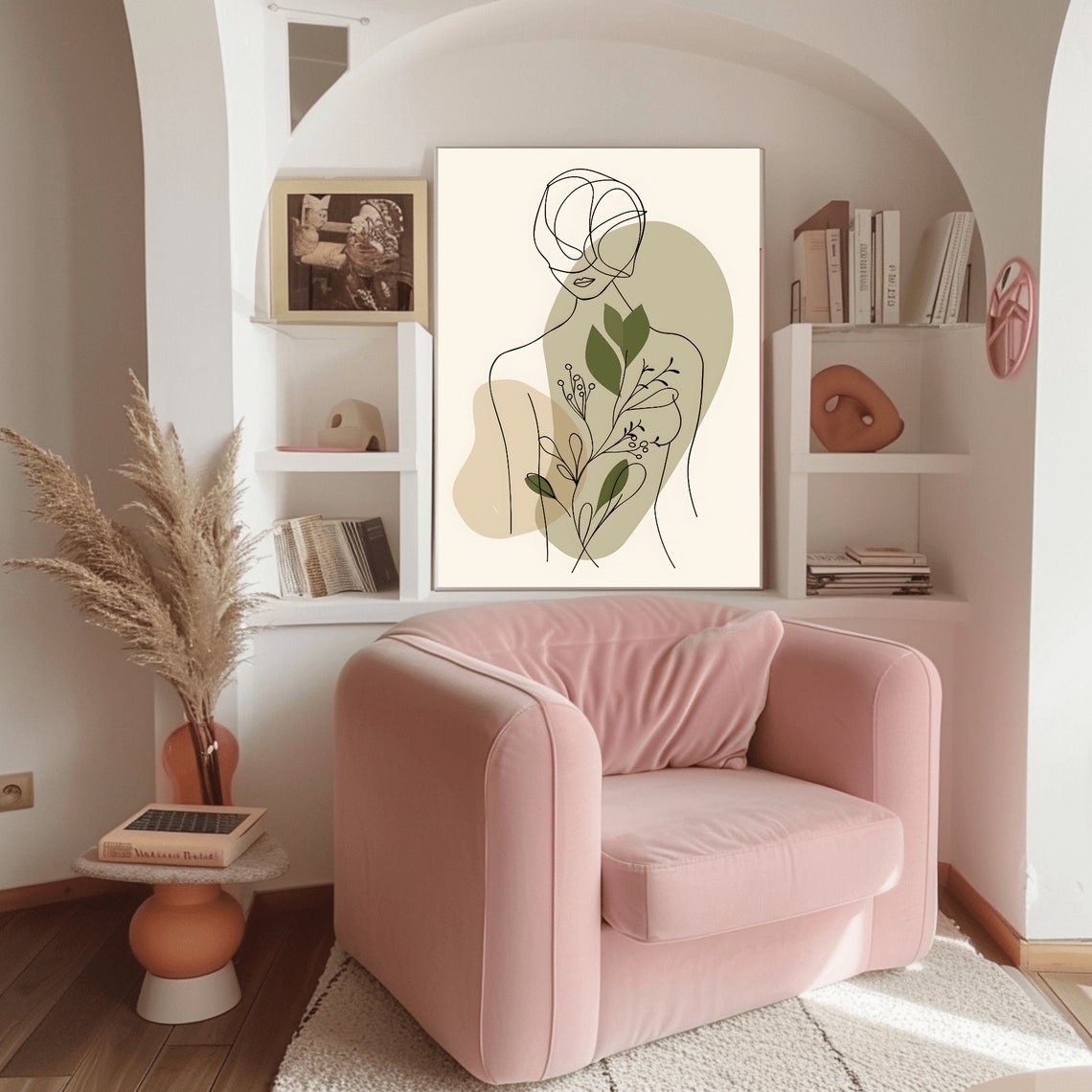 Abstract Beige Line Art Woman with Green Branch Minimalist Poster - Image 2