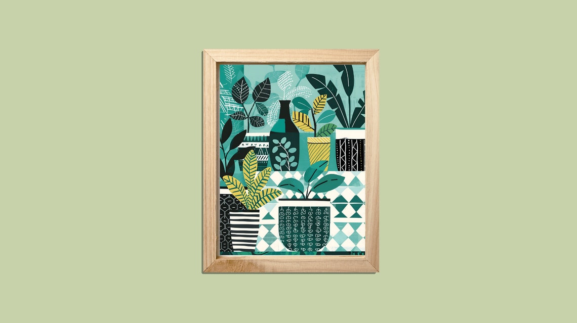 Emerald Geometric Potted Plants Patterned Pots Bold Teal Poster - Image 3