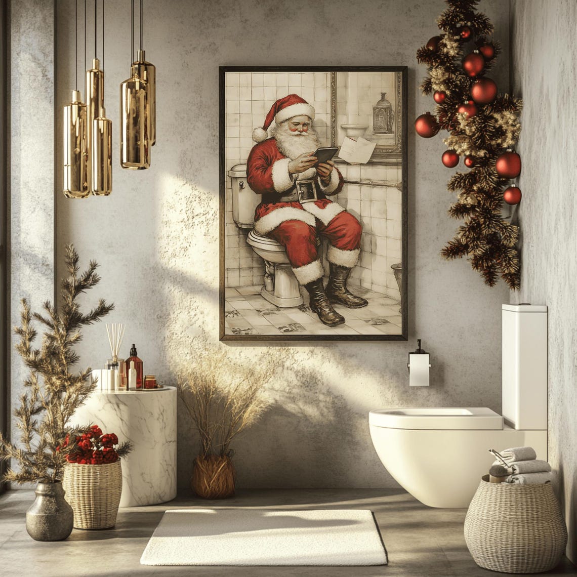 Hilarious Santa Scrolling His Phone on the Toilet Bathroom Poster - Image 2