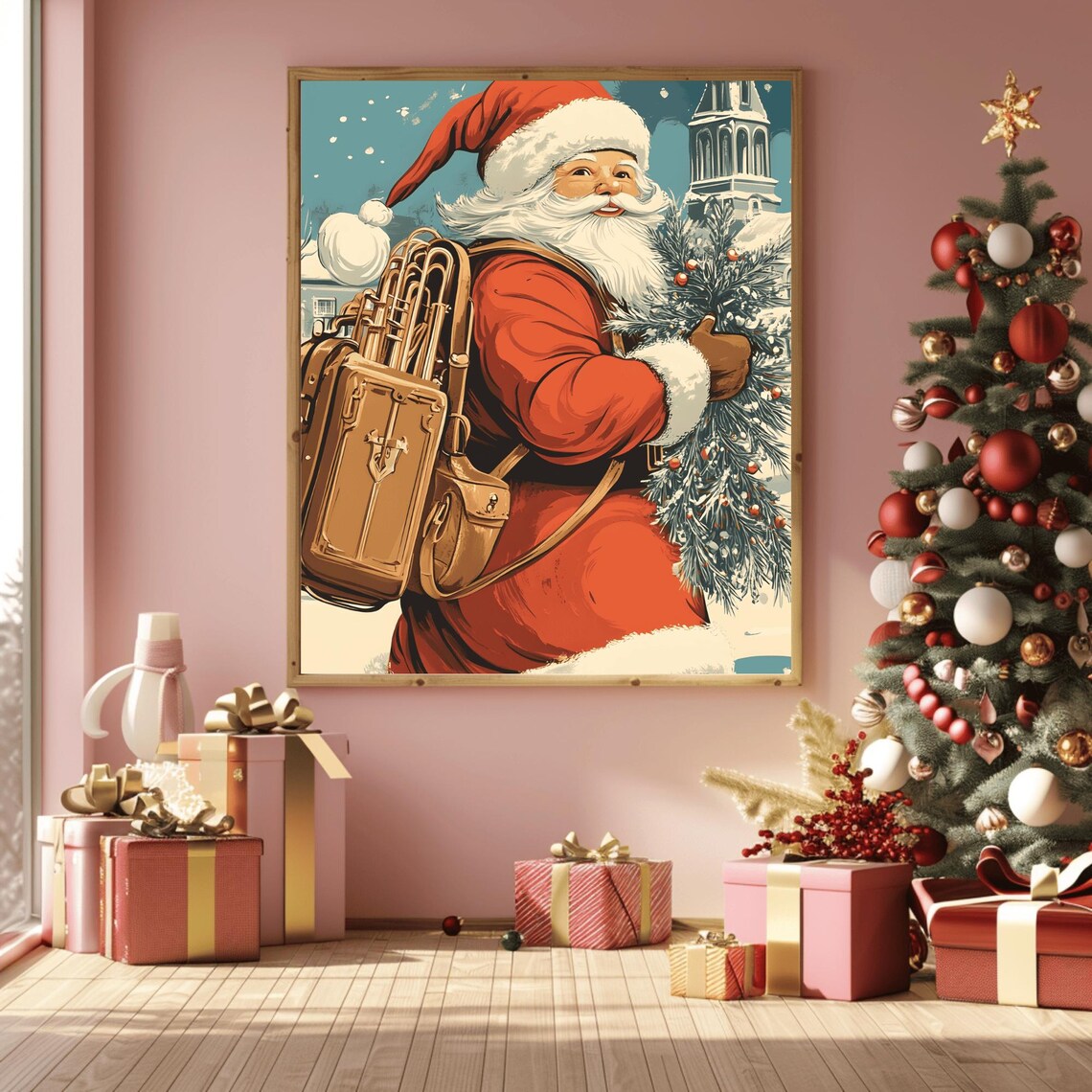 Mid-Century Santa with Luggage and Pine Branches Merry Christmas Art Print - Image 2