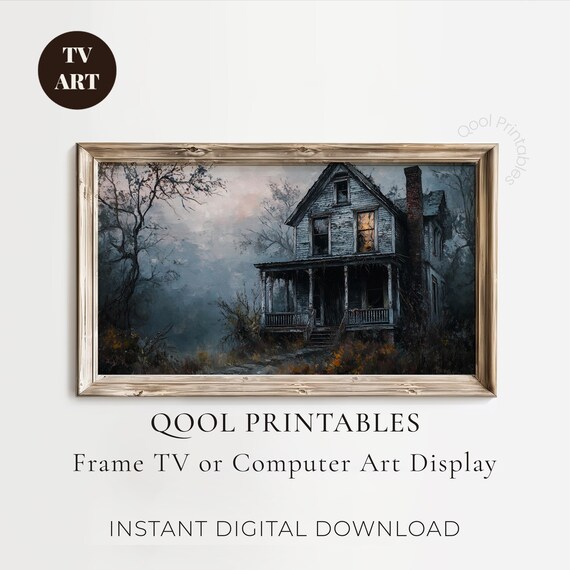 Spooky Haunted House Foggy Night Creepy Vintage Oil Painting Poster