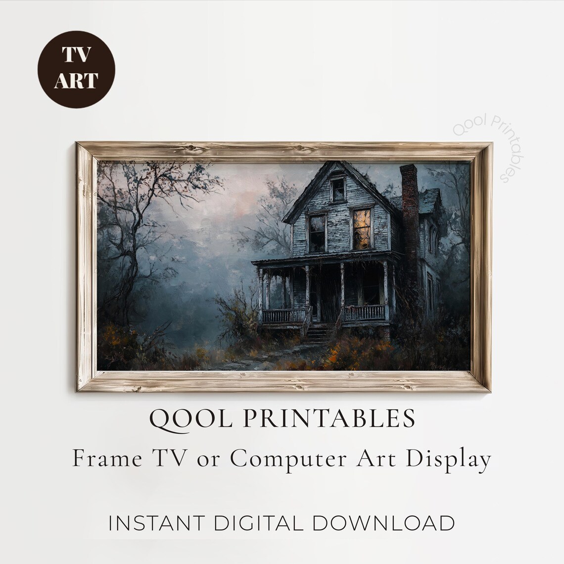 Spooky Haunted House Foggy Night Creepy Vintage Oil Painting Poster