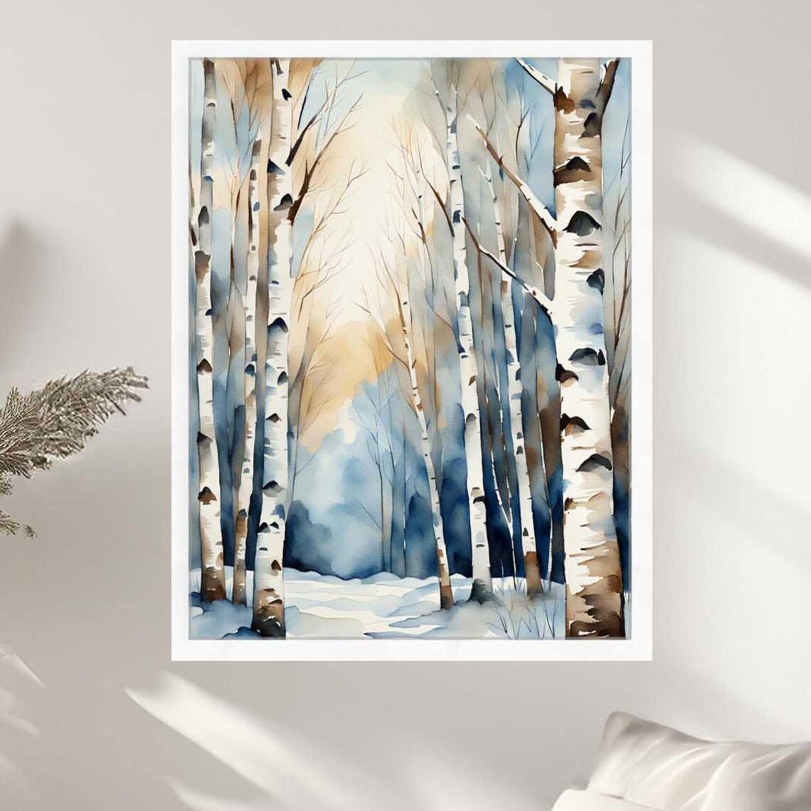 Winter Birches Watercolor Painting, Nature Landscape Art Print