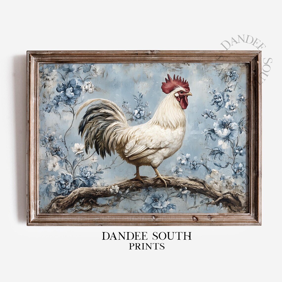 White Rooster Blue Floral Vintage Farmhouse Kitchen Art Poster