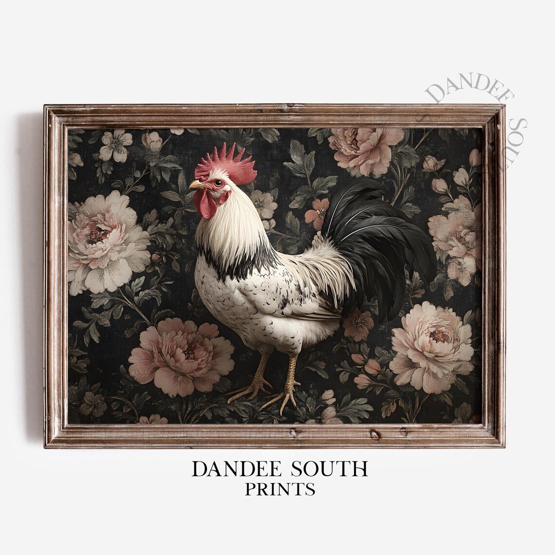Rooster Dark Floral Peony Background Vintage Kitchen Art Poster