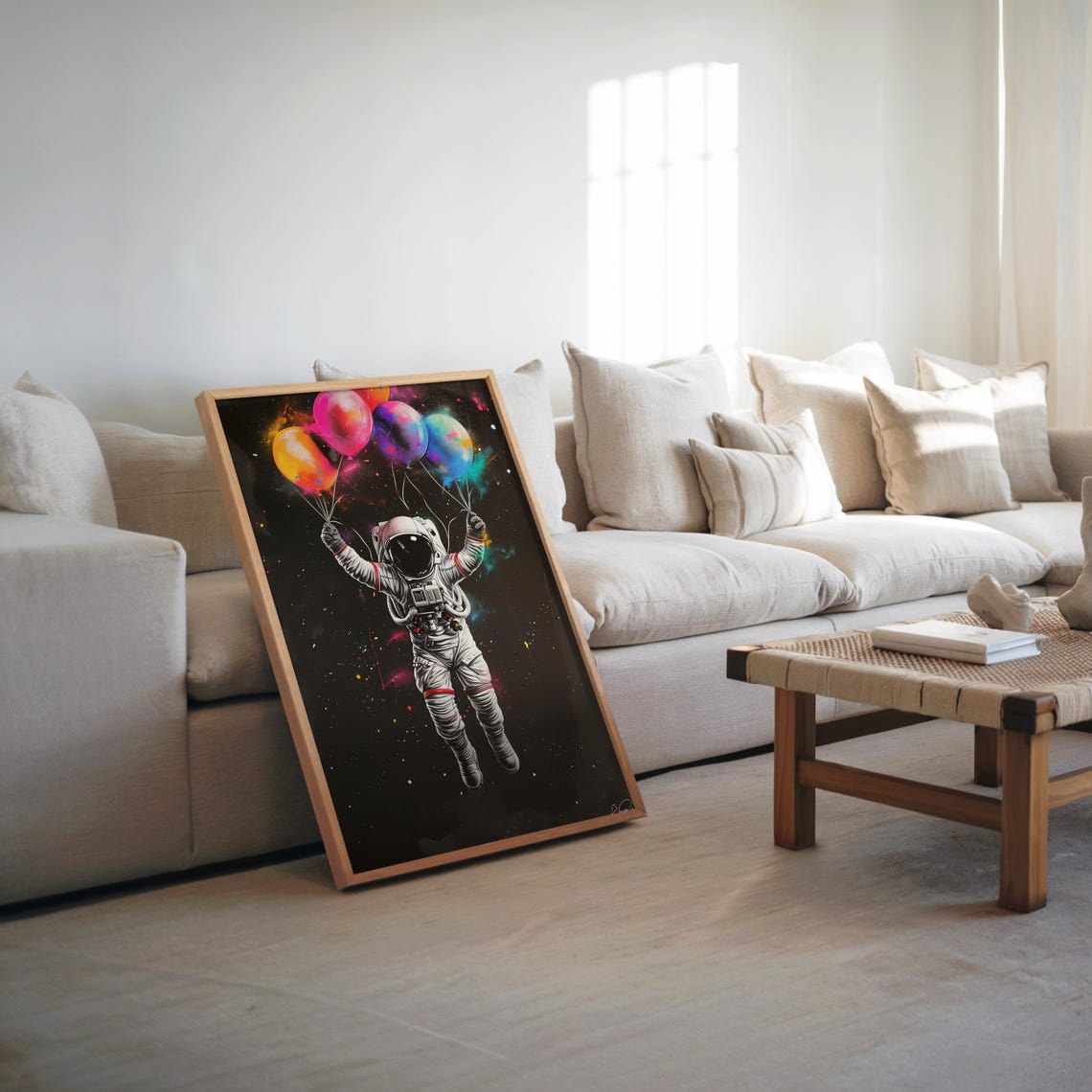 Psychedelic Astronaut Balloons Floating Space Adventure Poster
