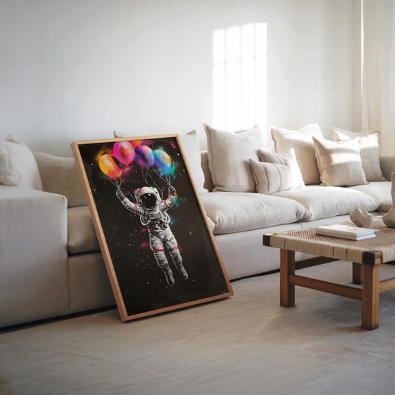 Psychedelic Astronaut Art Balloon Space Poster Illustration Vibrant Muted Tones High Vibe Deco