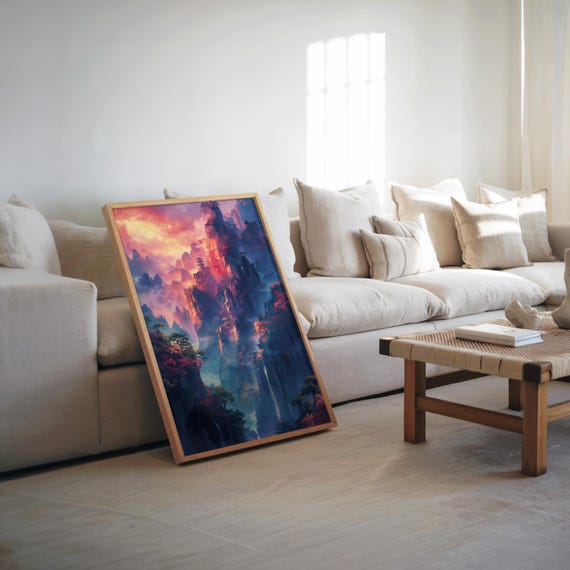 Impressionist Mountain Waterfall Poster Vibrant Maximalist Art Dreamy Oil Painting Photo Manipulation Warm Color Tones Unique Wall